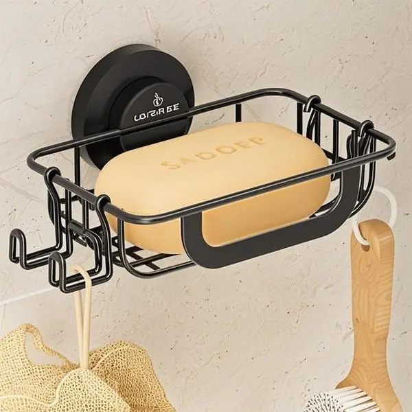 Stainless Steel Soap Holder with Hooks, Wall Mounted Shower Soap Dish, Rustproof Suction Cup Soap Tray for Bathroom Bathtub Kitchen Sink, Black, Durable and Space-Saving Design