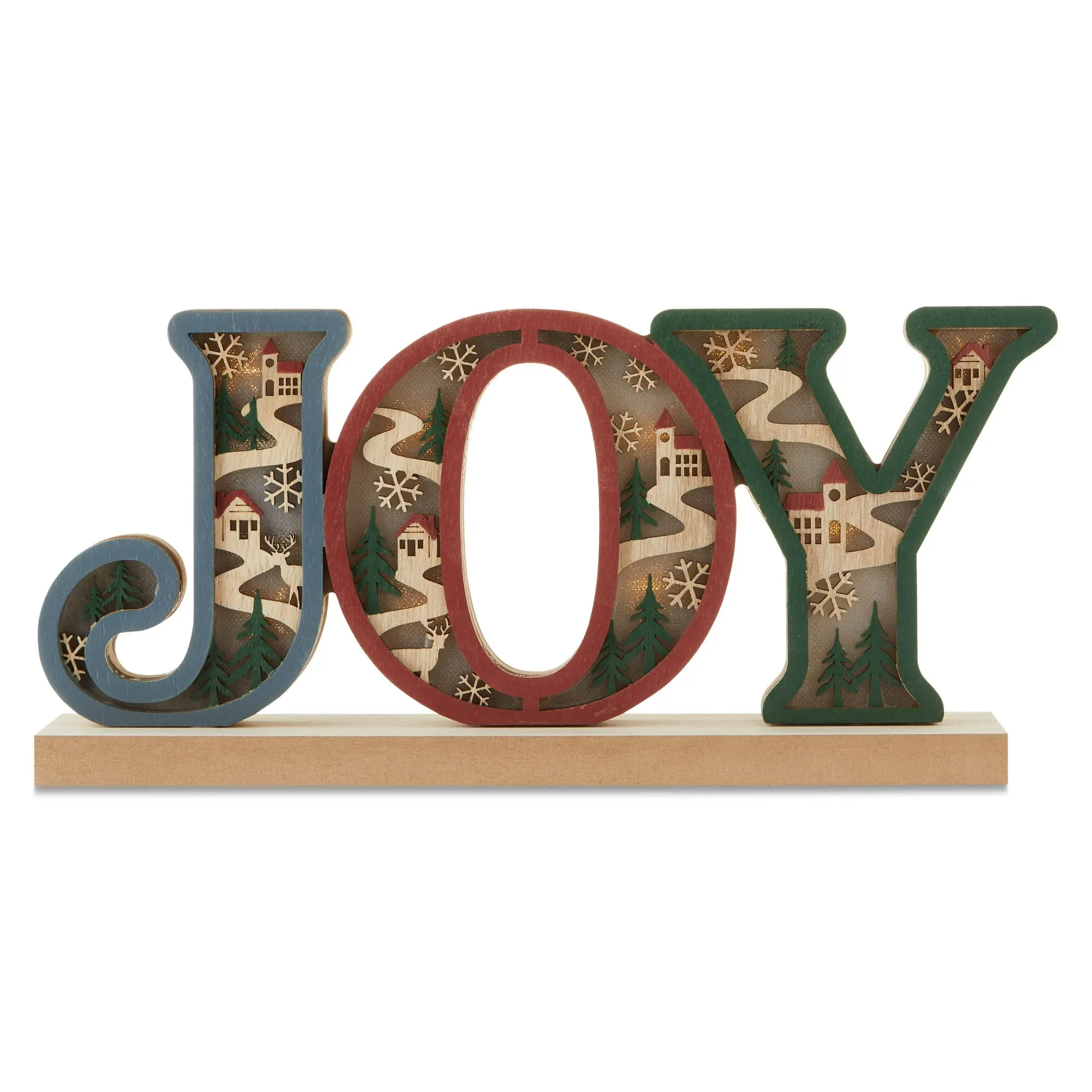 Light-Up Wooden Joy Christmas Tabletop Decoration, Brown, 11.75"