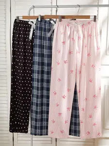 Women's Plus Size Sleep Pants Set, Polka Dot Plaid Stripe Butterfly Knot Print, Simple Minimalist Super Comfort Skin-Friendly Home Wear Pajama Set