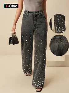 Women's Trendy New Denim Streetwear Fashion Jeans Pearl Elegance Wide Leg Loose Casual Everyday Long Pants, Fitted H-Type, All Seasons, Plain Pattern
