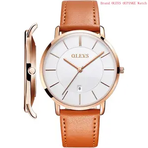 Brand OLEVS Mens Watches Mens Leather Watch Ultra Thin Watches for Men Minimalist Watch with Leather Band Quartz Analog Dress Casual Simple Lightweight relojes para Hombres