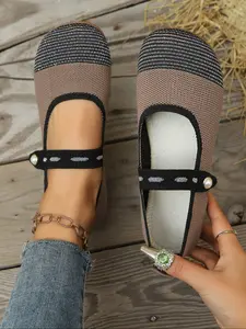 Women's Casual Knit Flat Shoes, Solid Color Round Toe Mary Jane, Fabric Upper, Durable Rubber Sole, All-Season Wear