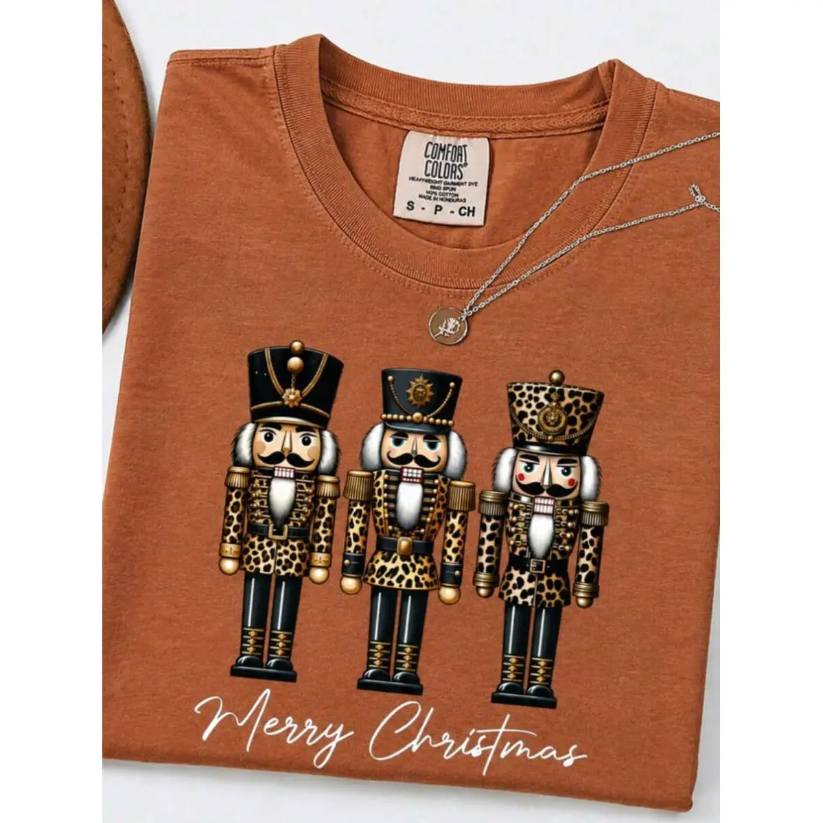 Women's Crew Neck T Shirt 1pc Vintage Blush Pink Leopard And Nutcracker Soldiers Print 2026 Fall Halloween Christmas Santa Themed Womenswear Top Casual Daily Wear Soft Breathable Comfortable Fashion Top For Women