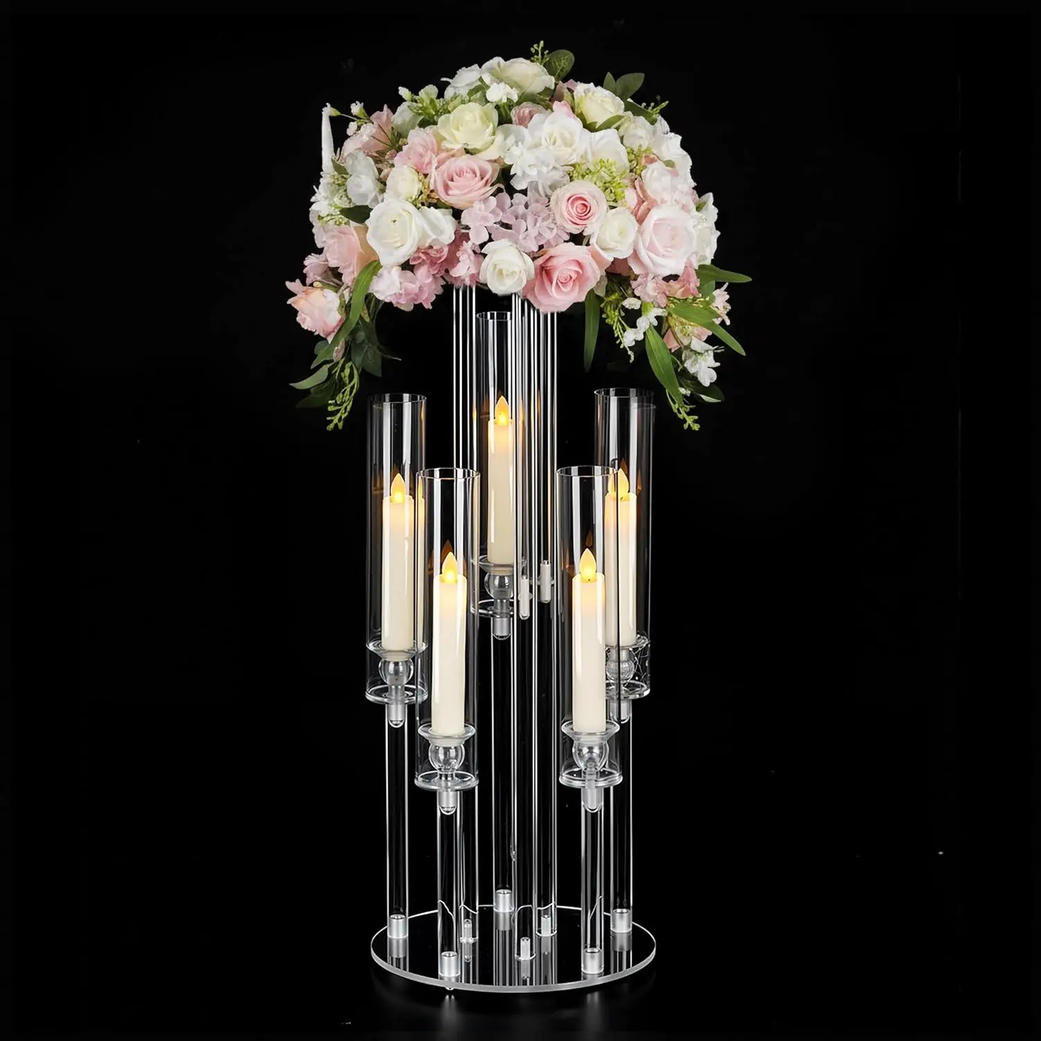 VINCIGANT 23.6 in Clear Acrylic 5-Arm Floor Candelabra With Flower Stand for Wedding, Home Decor & Event Celebrations