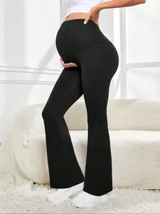 Women's High Elasticity Maternity Yoga Pants, Slim Fit Seamless Belly Support, Pockets, Sporty Style, Fall & Winter Pregnancy Wear