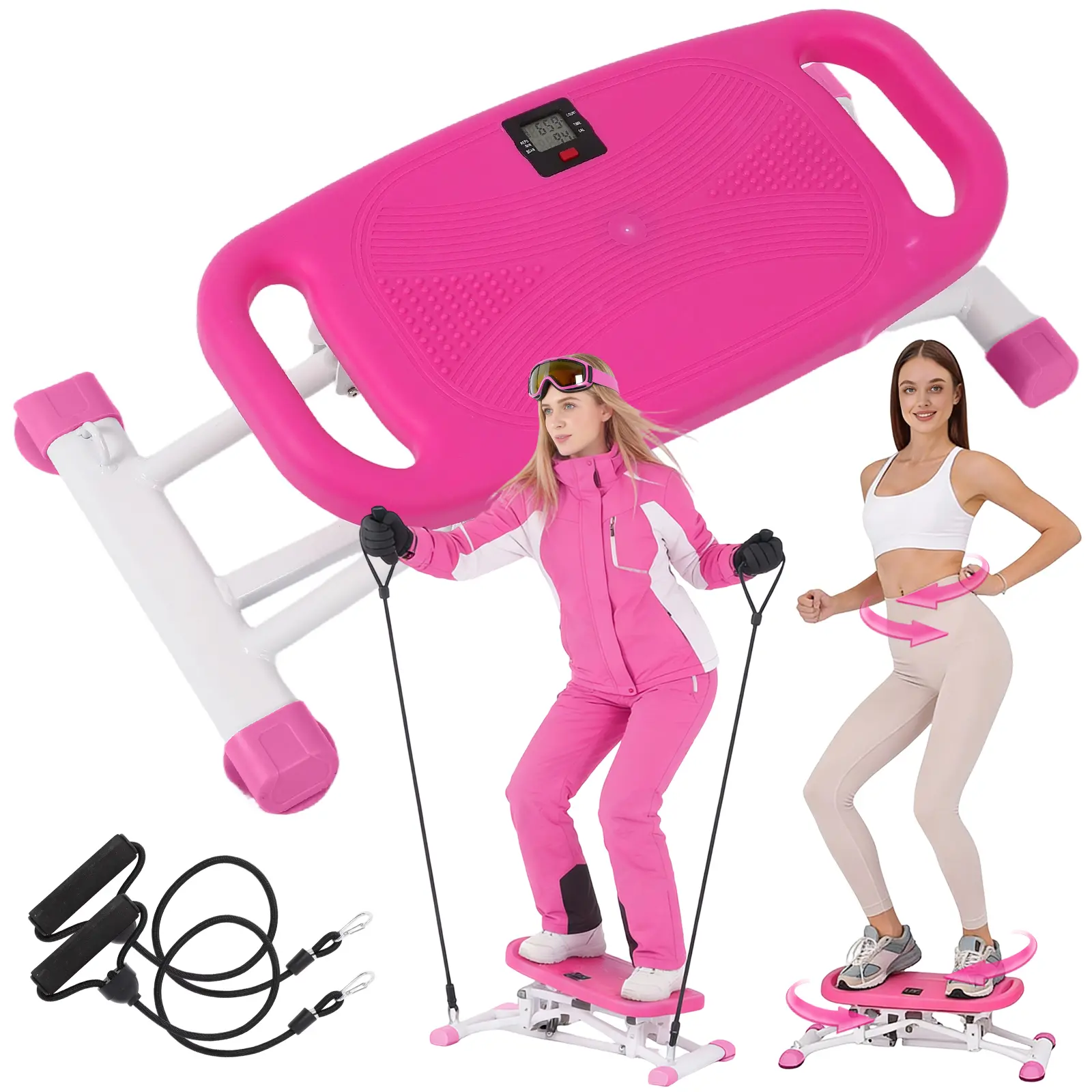 OCPTY 5-in-1 Ski Simulator with Elastic Ropes & LCD – No Assembly & 7 Workout Modes for Full Body , Anti-Slip Steel Frame, 330 lbs Capacity, Compact Home Gym Equipment (Grey/Pink)