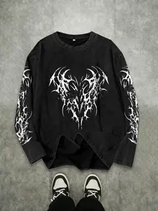 Gothic Streetwear Men's Washed Vintage Round Neck Long Sleeve T-Shirt, Casual Fitted Style, All Seasons, Random Print, No Ca Prop 65 Warning