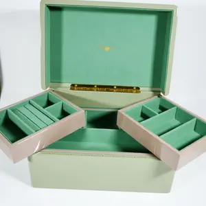 Medium Moss Green Wood Lacquered Multi Tier Jewelry Box