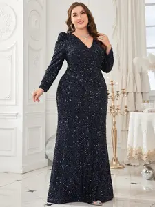 Elegant V-Neck Sequined Long Sleeve Blue Fitted Bodycon Maxi Dress, Formal Wear Party Gown for Evening Events, Stylish and Luxurious Design, Womenswear