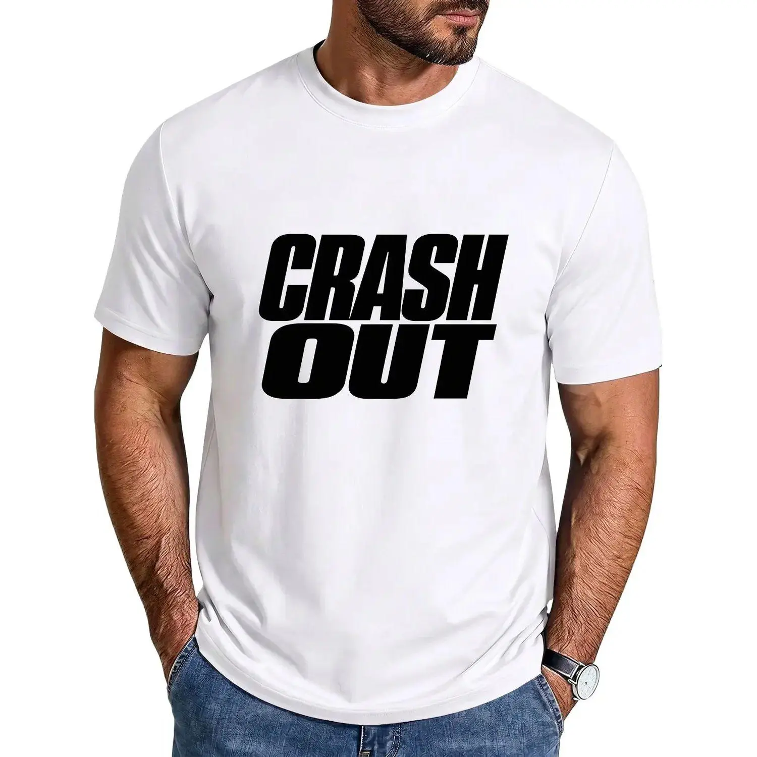 Crash Out Meme Graphic Print T Shirt Casual Short Sleeve Round Neck Streetwear Cotton Tee Retro Urban Contemporary Style Apparel