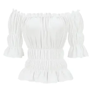 Victorian Blouse Smocked Tops Women Renaissance Blouse Victorian Steampunk Pirate Shirt Off Shoulder Short Sleeve Smocked Blouse Tops  6505-D1