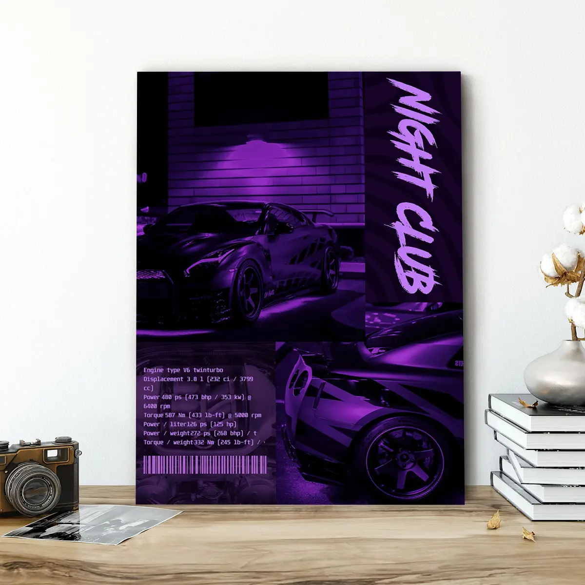1 Count Wooden Framed Canvas, Purple Supercar Nightclub Style Poster, Modern Art, Creative Wall Art, Fashion Poster, Print, Living Room Bedroom Decoration, Hallway Office Mural, Kitchen, Home Poster, Ideal Gift, High Definition, Waterproof, Artwork