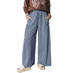 Women’s Blue High Rise Frilled Detail Wide Leg Lace-Up Elastic Waistband Pants