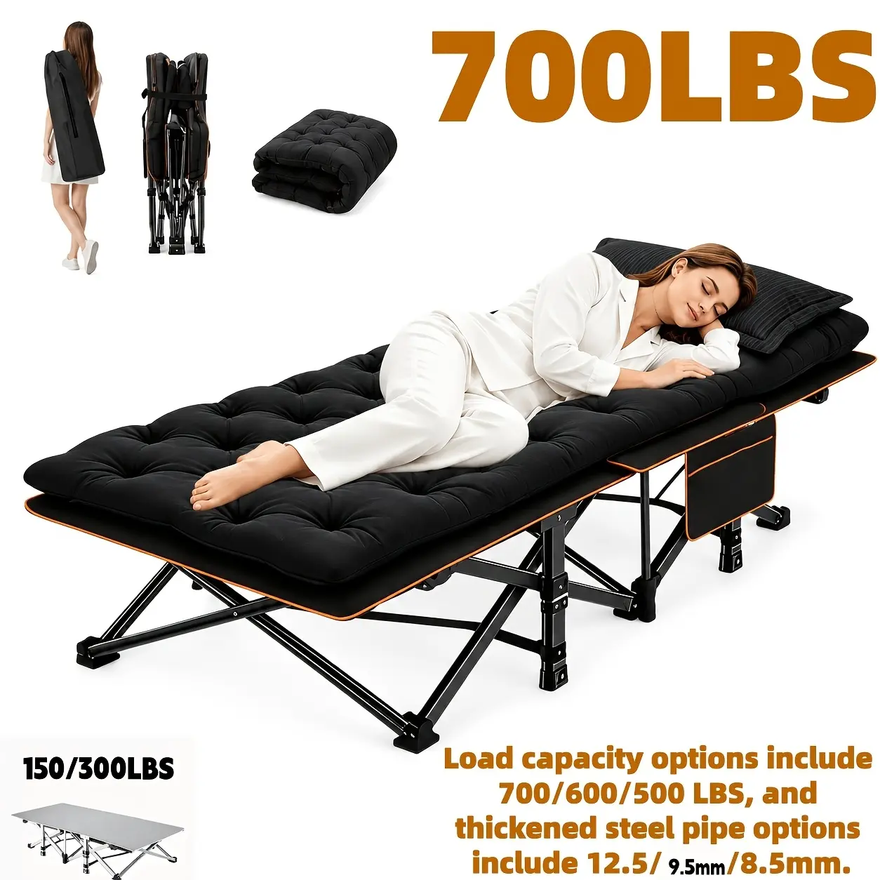 75 Inch Foldable Outdoor Camping Cot Bed, Multiple Weight Capacities 150/500/600/700 LBS, Lightweight Heavy Duty Folding Bed with Flip Mattress, Frame solely Optional, Quick Assembly Easy to Clean, Portable for Garden Patio Outdoor Camping Trip