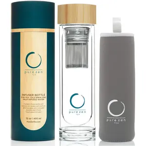 Pure Zen Tea - Portable Glass Infuser Bottle with Filter for Tea, Fruit and Herbal Infusions - 15 oz - Double Wall - BPA Free