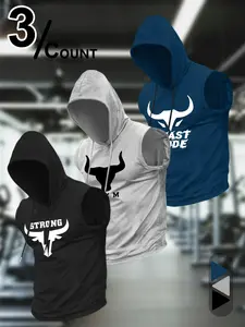 Men’s Bull Head Sleeveless Hoodie Bundle, 3-Pack "STRONG/BEAST MODE" Workout Vests, Street Style Tank Tops, Sleeveless Gym Tops, Sports Vest for Bodybuilders & Fitness Enthusiasts, Workout Gym Clothing