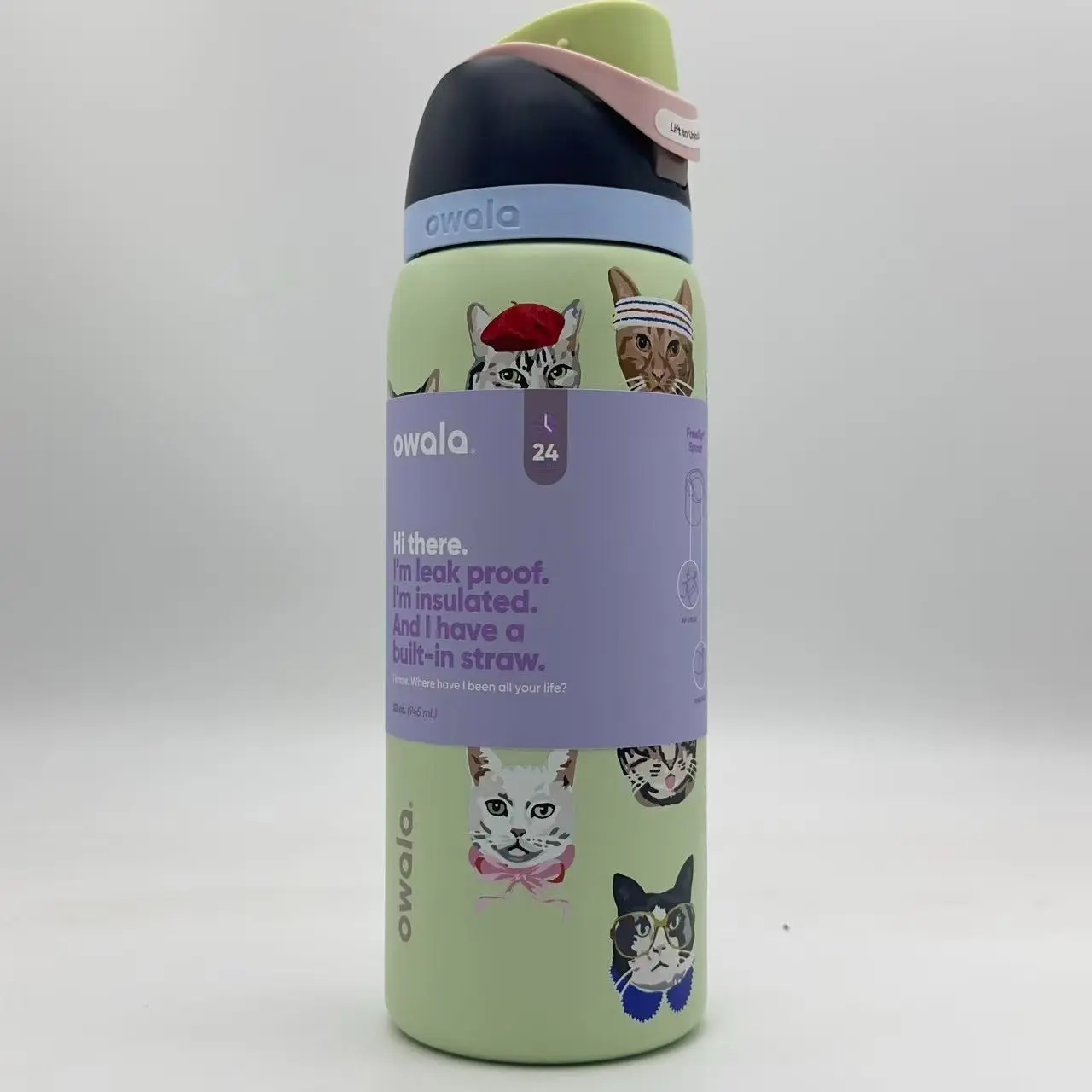 NEW Owala Cat Collage FreeSip 32oz Limited Edition Water Bottle with Box | Leakproof Insulated Stainless Steel Bottle for Gym, School & Travel