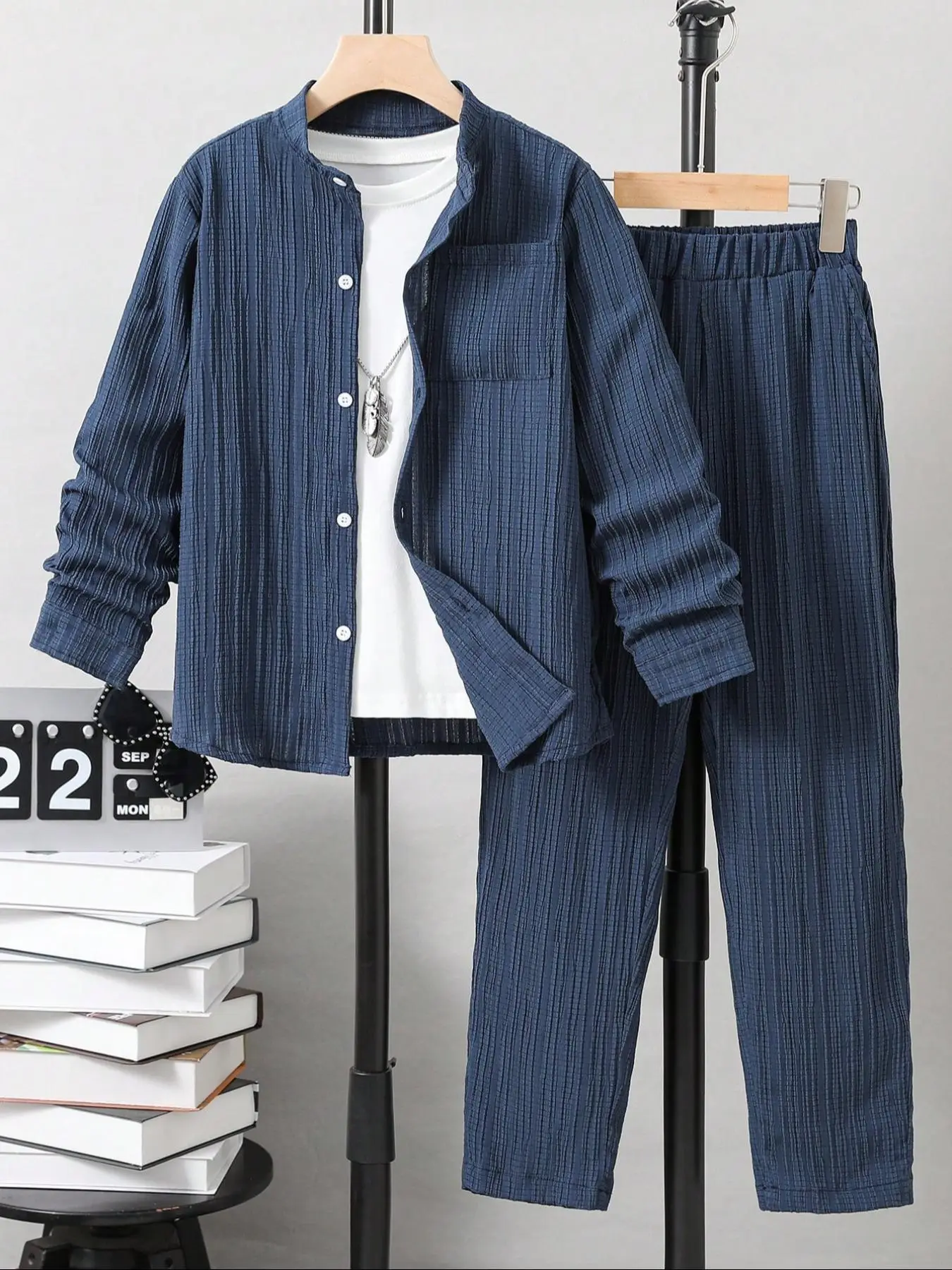 Two-Piece Set Boy's Solid Textured Button Front Shirt & Elastic Waist Pants Set, Casual Long Sleeve Stand Collar Pocket Top & Trousers for Fall & Wint