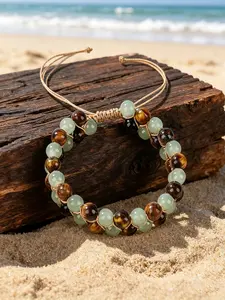 Bohemian style imitation tiger eye stone bracelet, double layered woven imitation Dongling jade bead string, adjustable retro accessory, niche and versatile bracelet, holiday gift for friends and family