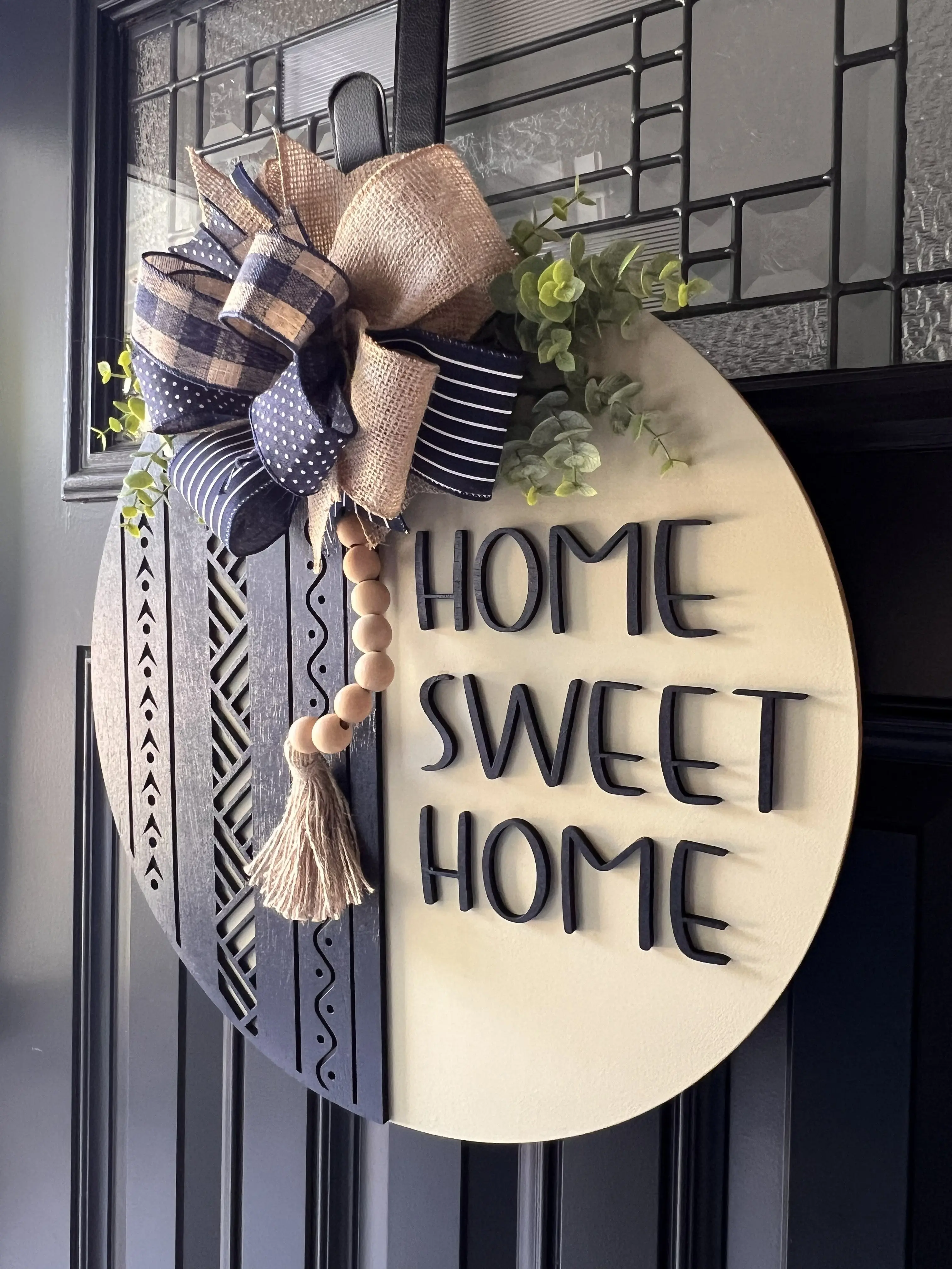 Home Sweet Home Door Hanger | Modern Farmhouse Wooden Sign | Blue and Neutral Front Door Decor | 18" Round