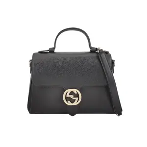 Pre-owned GUCCI leather Shoulder Bags Blondie Medium Top Handle Bag in Black Grained Calfskin with Gold Tone Interlocking G Hardware
