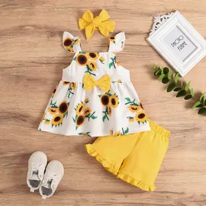 3Pcs Toddlers Baby Girls Summer Outfits Set Floral Square-Neck Ruffle Sleeves Vest Tops Frilled Shorts Headband Clothes Set