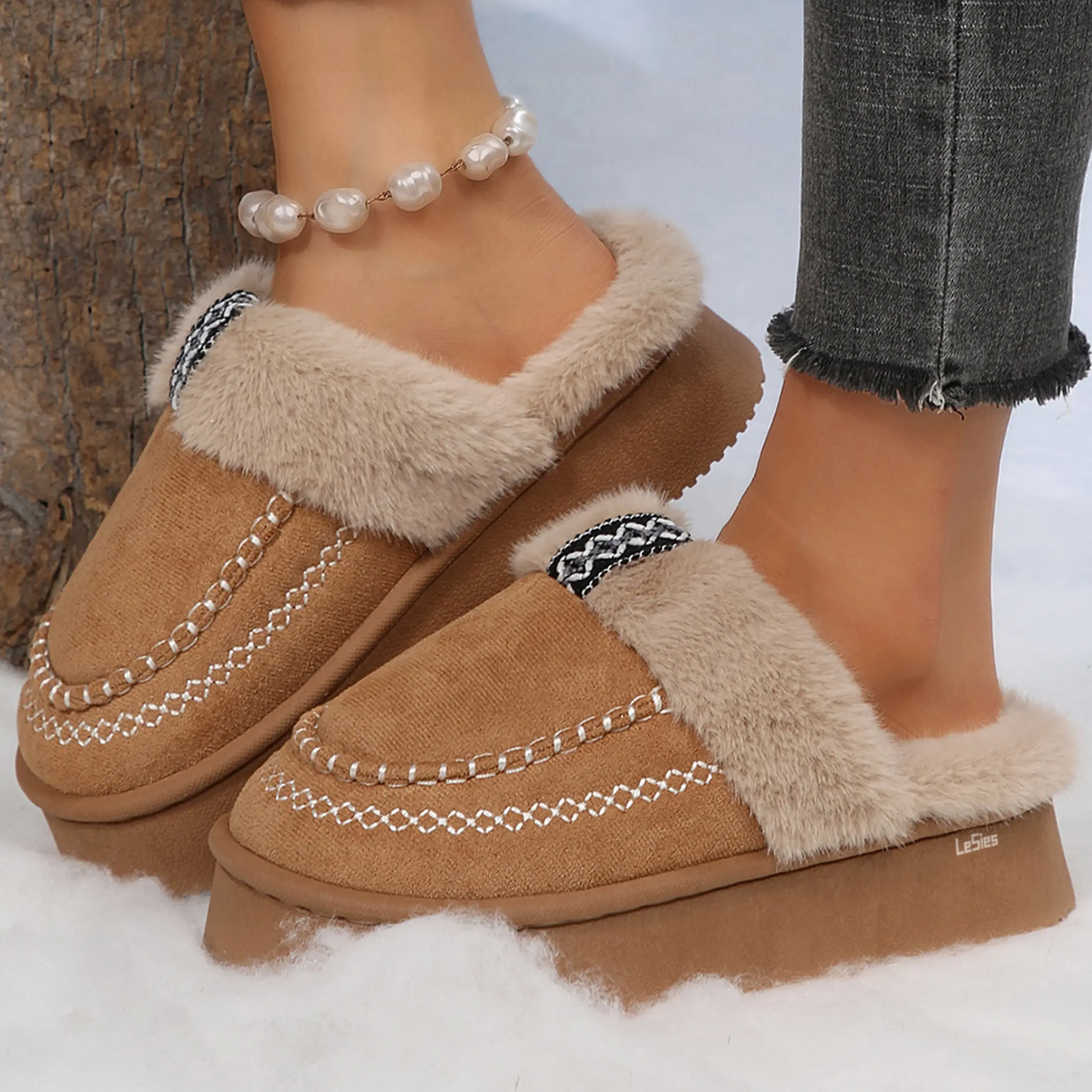 Women's Winter Platform Slippers Plush Lined Suede Mules with Embroidered Detail Comfortable Indoor Outdoor Shoes