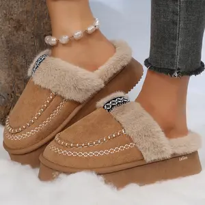 Women's Winter Platform Slippers Plush Lined Suede Mules with Embroidered Detail Comfortable Indoor Outdoor Shoes