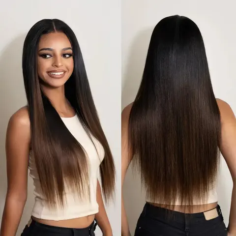Nadula Lifesaver V Part Yaki Straight Chestnut Brown Ombre Color Lightweight Glueless Human Hair V Part Wig Super Natural No Stocking Cap Summervibes TikTokShopStockUp