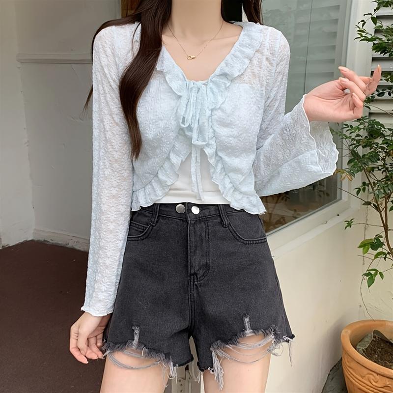 Elegant and Lightweight Lace-up Cardigan-Breathable Chiffon Shawl, Ruffles, Long Sleeves, Sun Protection-Spring/Women's Summer Top, Soft Blue, White, Cream, Pink, Black Fitted Knitwear Womenswear Basic Beige Casual