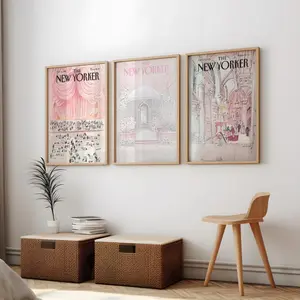 Set of 3 Pink New Yorker Printable Wall Art | Vintage Digital Prints | Pastel Dorm Decor | Mid Century Modern College Apartment Poster Set - No Frame