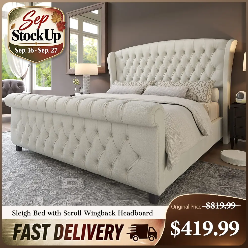 [TiktokShopStockUp] AMERLIFE Platform Bed Frame,Velvet Upholstered Sleigh Bed with Scroll Wingback Headboard&Footboard/No Box Spring Required/Christmas Gift/Best Gift Ideas