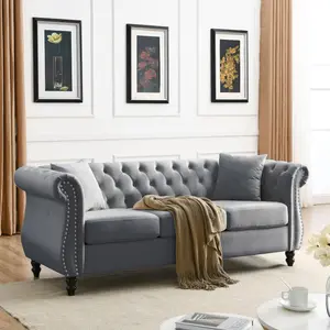 80" Chesterfield Sofa Couch Velvet 3-Seater Sofa with Two Pillows, Nailhead & Rolled Arms Upholstered Sofa with Curved Backrest Solid Wood Legs for Living Room (Grey)