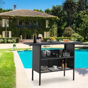 Round Wicker/Rattan Outdoor Dining Table, All-Weather Patio Bistro Table with Tempered Glass Top, Durable and Stylish Garden Furniture for Backyard, Deck, or Poolside