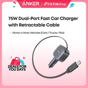 Anker USB-C Car Charger, 75W Max Fast Charging, Sleek and Compact Design with Retractable Cable, for iPhone 17 / 16 / 15 Series, Samsung S24 / S23, MacBook, and More