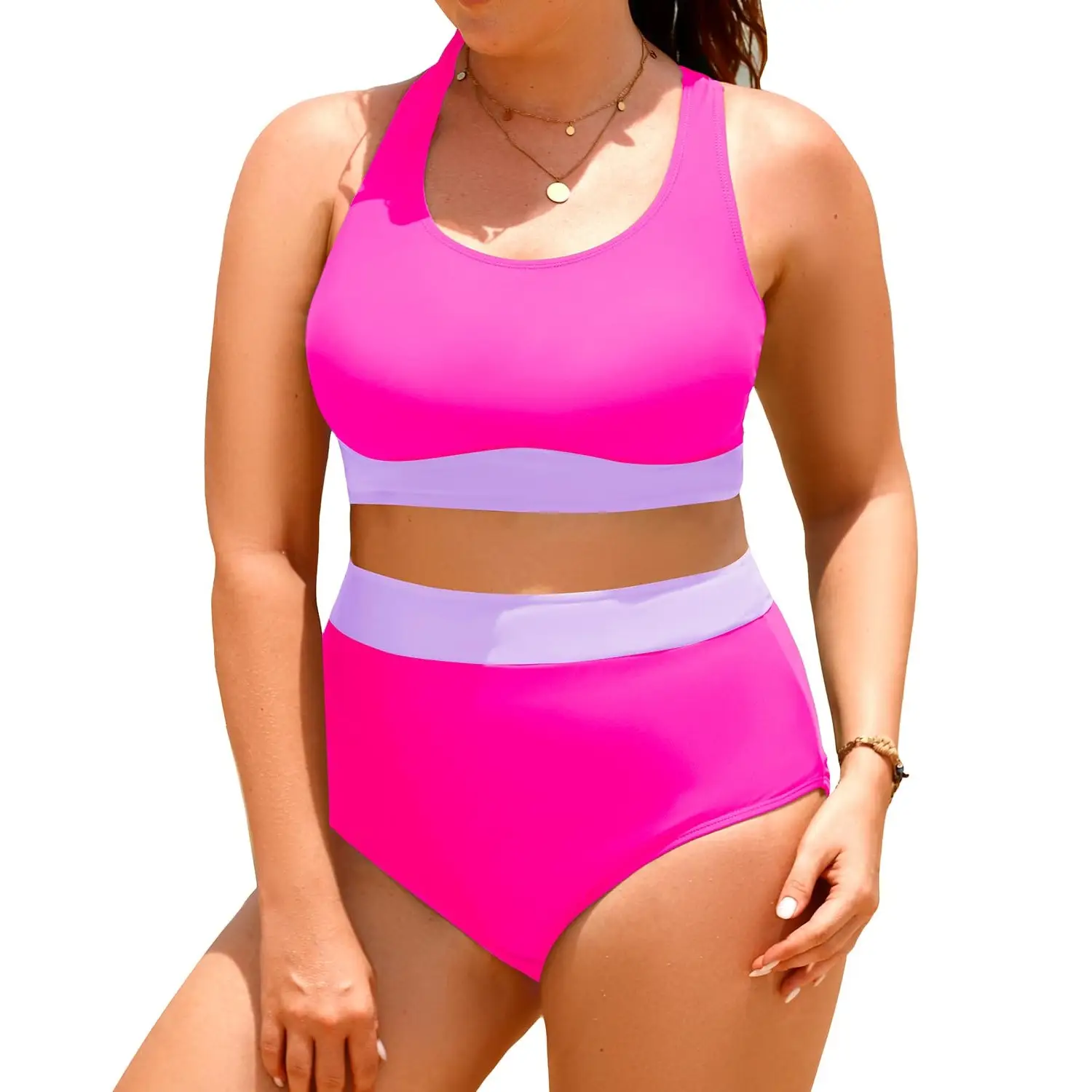 Aqua Eve Plus Size Two Piece High Waisted Bikini Swimsuits Scoop Neck Bikini Set Sporty Bathing Suits
