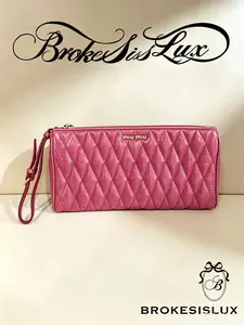 Pre-owned miu miu Pink Quilted Leather Wristlet | Gold Logo & Zipper, Everyday Clutch & Card Holder