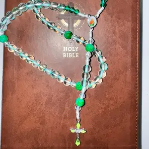 Emerald Serenity Rosary with 8mm Glass Beads and Marbled Green Our Father Beads Featuring Sacred Heart of Jesus Centerpiece and Luminous Green Crucifix