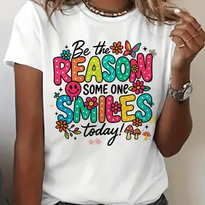 Smile Today Quote Positive Graphic Print T-shirt, 90s Short Sleeve Crew Neck Casual Top for Summer & Spring, Women's Clothing White CLL T-shirts-2849