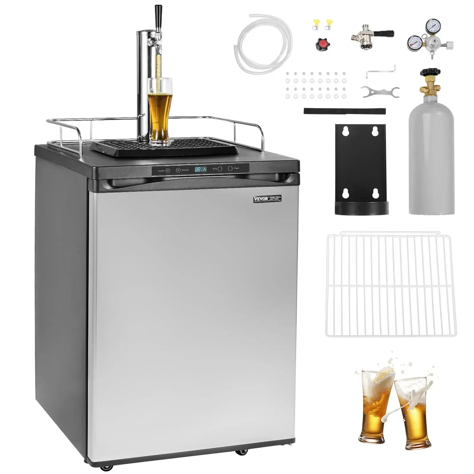 VEVOR Beer Kegerator, Single Tap Draft Beer Dispenser, Full Size Keg Refrigerator With Shelf, CO2 Tank(No Gas), Drip Tray & Rail, 23°F- 82.4°F Temperature Control, 162L, Silver