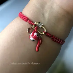 Mini Carabiner Lock Charms Bracelets with Dangling Protection Amulets Red Rope Design Gold Accents