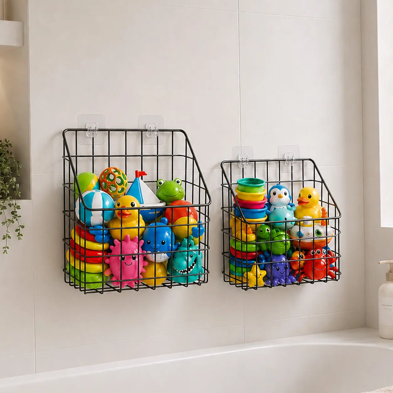 Greentainer 2-Pack Bath Toy Storage Organizer - No-Drilling Wall-Mounted Bathroom Shower Caddy, Heavy-Duty Rustproof Steel Wire Basket with Anti-Fall Guardrail, Quick Drain & Dry for Tub Toys, Shampoo, Toiletries