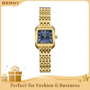 BERNY Gold Watch for Women - High Quality Elegant Vintage Square Quartz Wristwatch, Waterproof, Easily Resizable Bracelet, Roman Numeral Dial, Luxury Classy Jewelry Watches for Business Ladies, Trending Gift for All Occasions, Mother's Day Gift