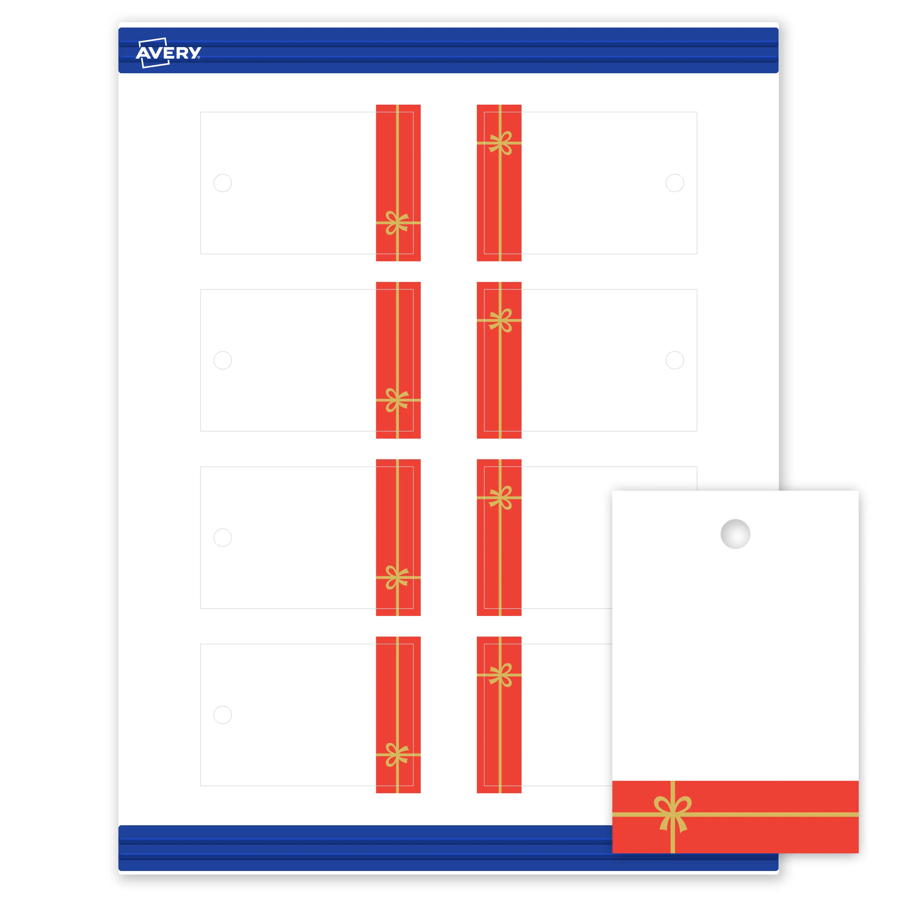 Avery® Printable Christmas Rectangle Tags, 2" x 3", Matte White, Pre-printed Red Gift/Metallic Gold Bow Design, Sure Feed® Technology, Laser & Inkjet Compatible, 160 Total
