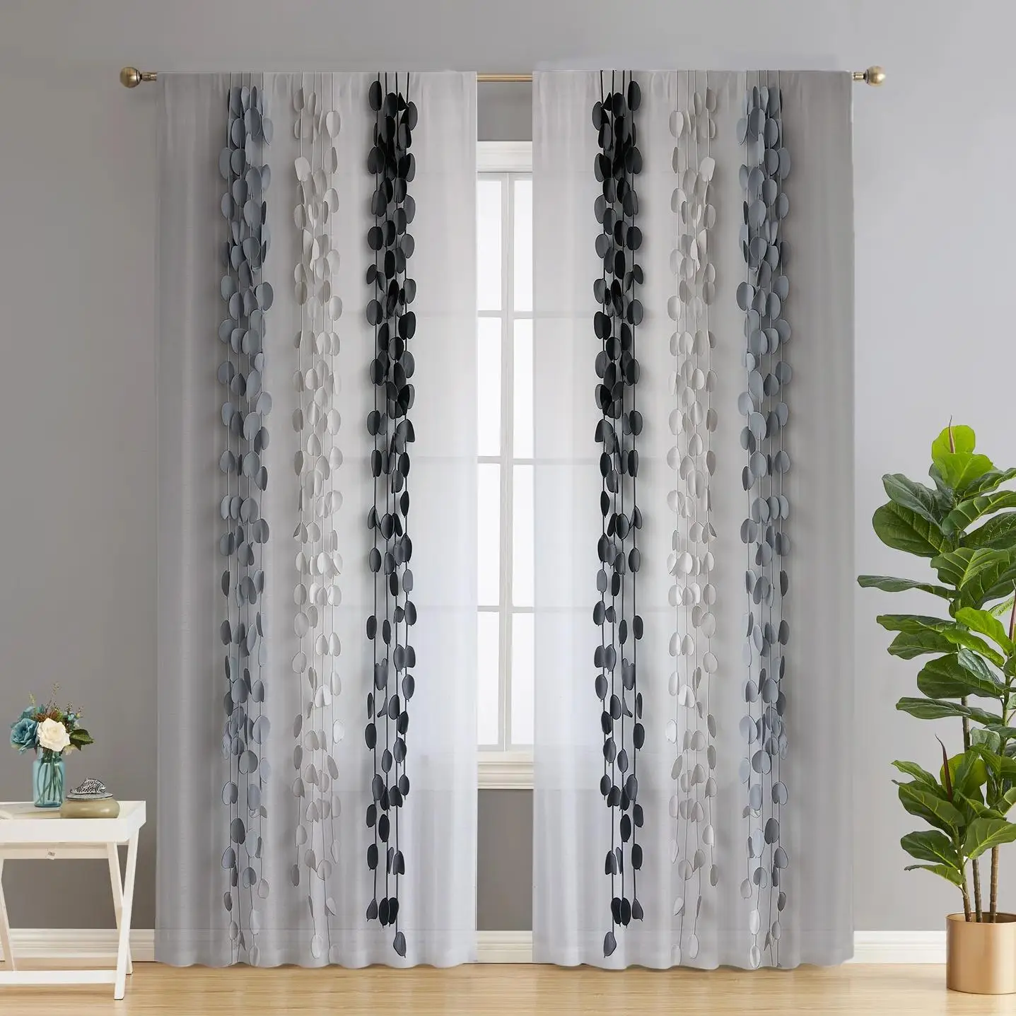 Semi-transparent Curtain, 2 Counts Modern Simple Digital Printing Rod Pocket Curtain, Window Curtain for Home Living Room Bedroom Decor