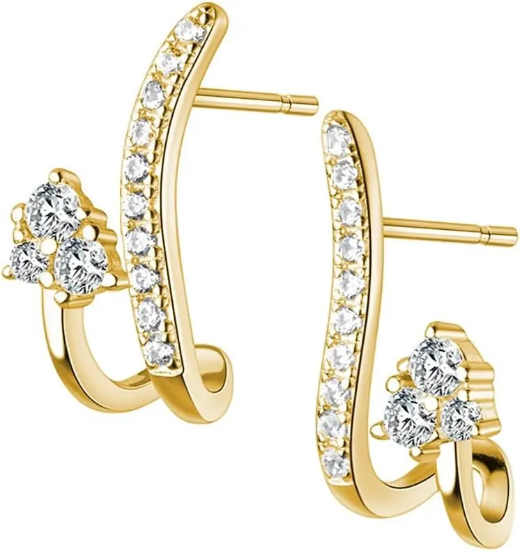 Reffeer Solid 925 Sterling Silver CZ Crawler Earrings Cuff for Women Teens CZ Wrap Stud Earrings Hypoallergenic