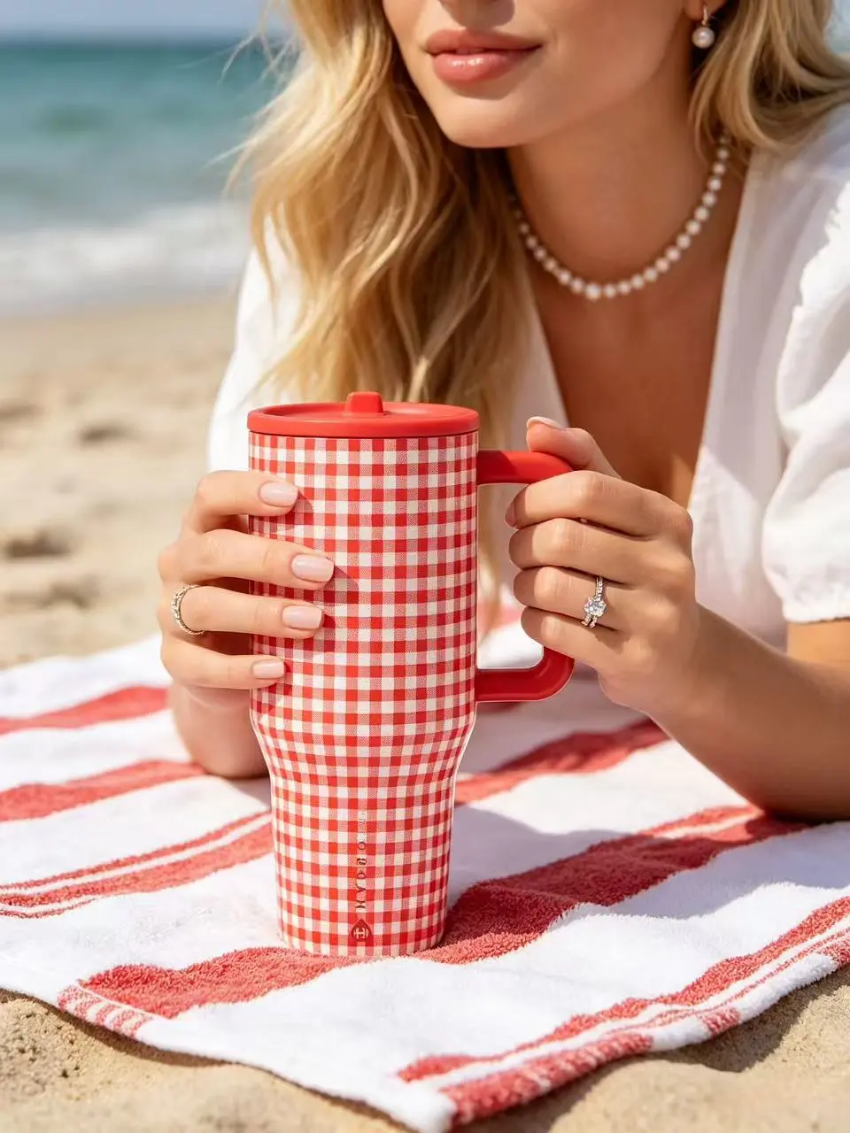 HydroJug 40oz Traveler Red White Gingham Insulated Tumbler With Handle, Leak Proof Stainless Steel Cup, 24 Hours Cold Retention, For Women Iced Coffee Lovers, Perfect For Picnic Car Commute Outdoor Travel