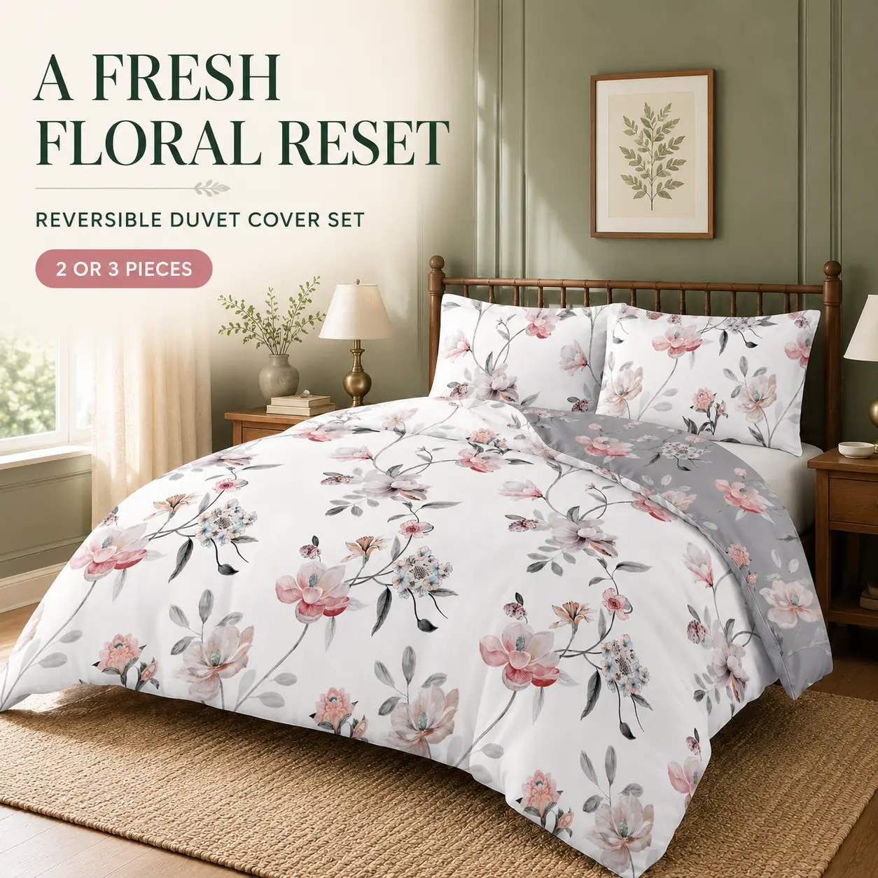 Reversible Watercolor Magnolia Duvet Cover Set, Soft Microfiber White & Gray Floral Bedding, 2/3-Piece Set with Pillowcase(s), Machine Washable, Duvet Insert Not Included