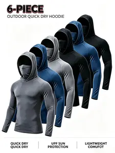 Men's 6-Pack Performance Hoodie Shirt with Built-in Face Mask - Moisture-Wicking Breathable Long Sleeve Sun Protection Athletic Gear for Gym, Running, Fishing & Outdoor Sports