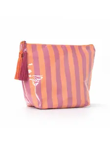 Pink and green striped glossy cosmetic bag with tassel zipper, waterproof large-capacity cosmetic bag, women's portable travel toiletries storage bag Cosmetic Travel Bags